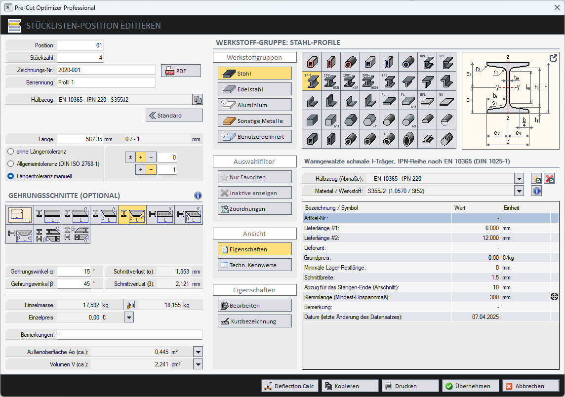 Pre-Cut Optimizer - St&uuml;cklistenposition bearbeiten